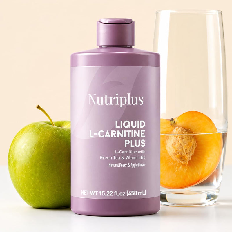 FARMASi Nutriplus Liquid L-Carnitine Plus Peach & Apple Flavor, 15.22 fl oz | Stevia Sweetened Fitness Lifestyle Supplement with Green Tea Extract & Vitamin B6, Daily Energy Support, Gluten free