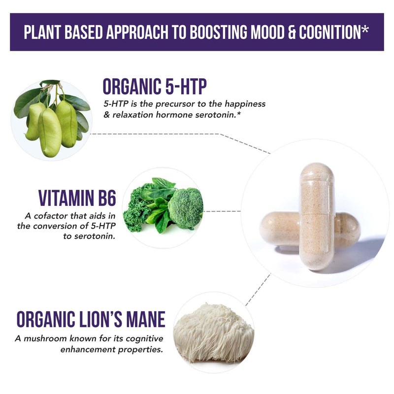 Organic 5-HTP - 200 mg | 99% 5HTP Concentration, Plus Cofactor Vitamin B6 & Lion’s Mane | Water Extracted from Organic Griffonia Seeds | Supports Mood, Cognition & Sleep (60 Capsules | 30 Servings) 60 Count (Pack of 1)