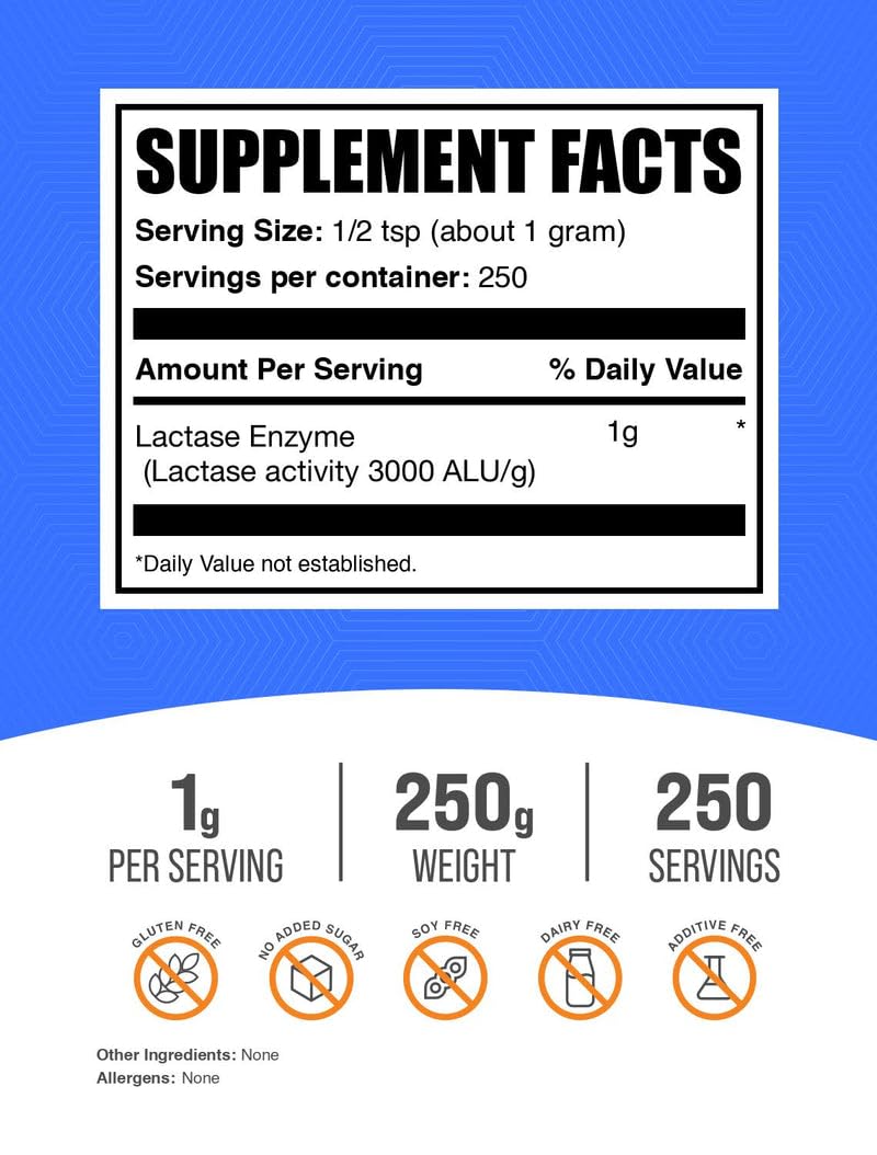 BulkSupplements.com Lactase Enzyme (3000 ALU) Powder - Lactase Enzyme Supplement, Digestive Support - Gluten Free, 1g per Serving, 250g (8.8 oz) (Pack of 1) 8.8 Ounce (Pack of 1) - BeesActive Australia