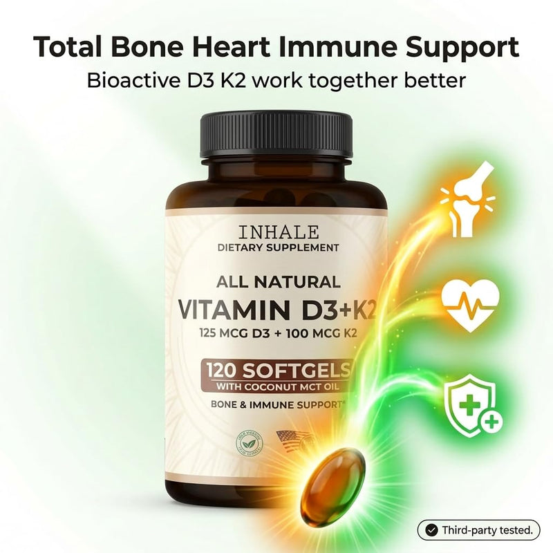Inhale Vitamin D3 + K2 with Coconut Oil – 5000 IU D3 & 100 mcg MK7 K2 for Bone, Heart & Immune Support – Non-GMO · Soy Free · Gluten Free – 120 Softgels
