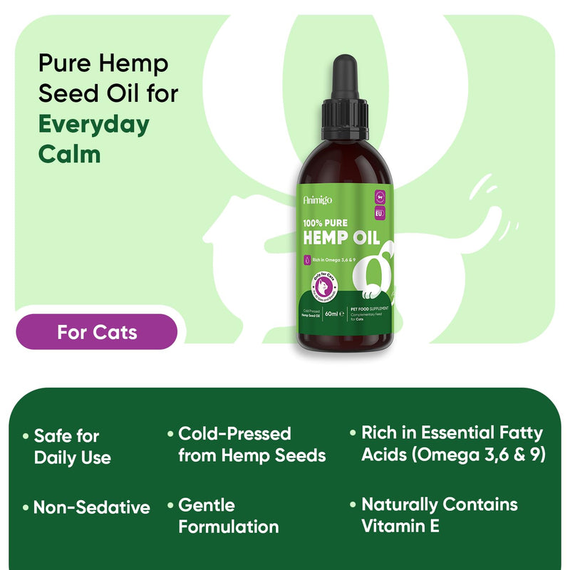 Hemp Oil for Cats 60ml - Pure, Natural & Cold-Pressed - Cat Calming Products for Loud Noises, Car Rides & Home Alone - Rich in Omega 3, 6 & 9 - Cat Calmer for Skin, Coat, Bones & Joints