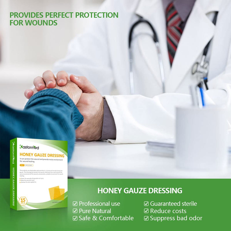 Manuka Honey Wound Care, Honey Gauze Dressing 2" x 2" - Pack of 15, 100% Medical Grade Honey Patch for Faster Healing from Burns, Abrasions, Cuts and Lacerations. Honey Gauze 2'' x 2'' - 15 Pack