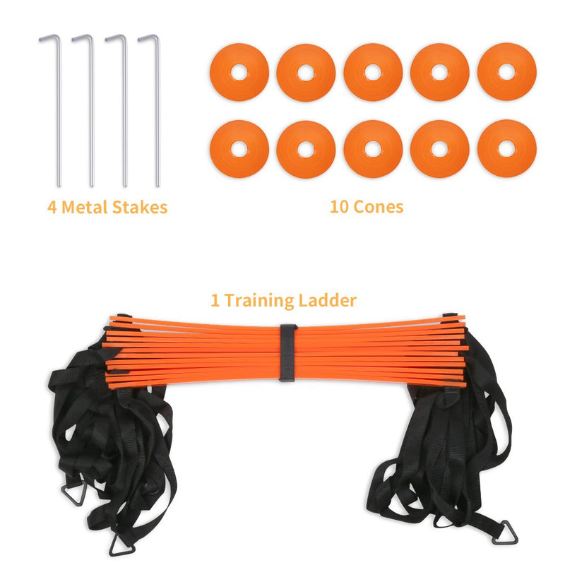 YISSVIC Agility Ladder and Cones 20 Feet 12 Adjustable Rungs Fitness Speed Training Equipment,1 Carry Bags, 10 Cones, 4 Stakes, Basketball, Soccer 20 feet Orange - BeesActive Australia