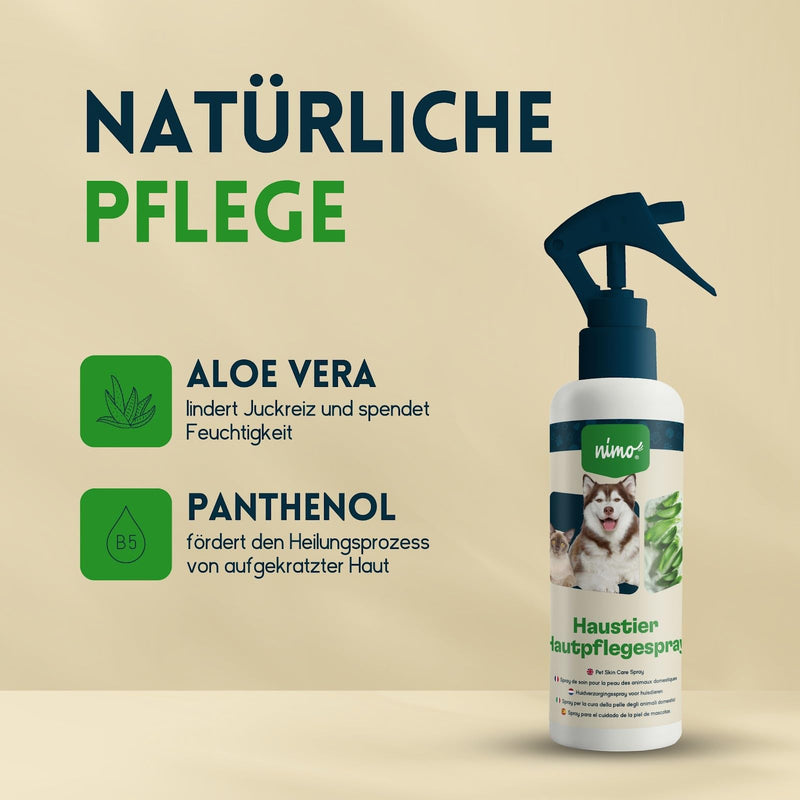 nimo® pet skin care spray | Skin care for dogs, cats with aloe vera & panthenol | Regeneration of the skin in case of dryness & inflammation | against itching & irritation | for vermin infestation, mites 250ml bottle - BeesActive Australia