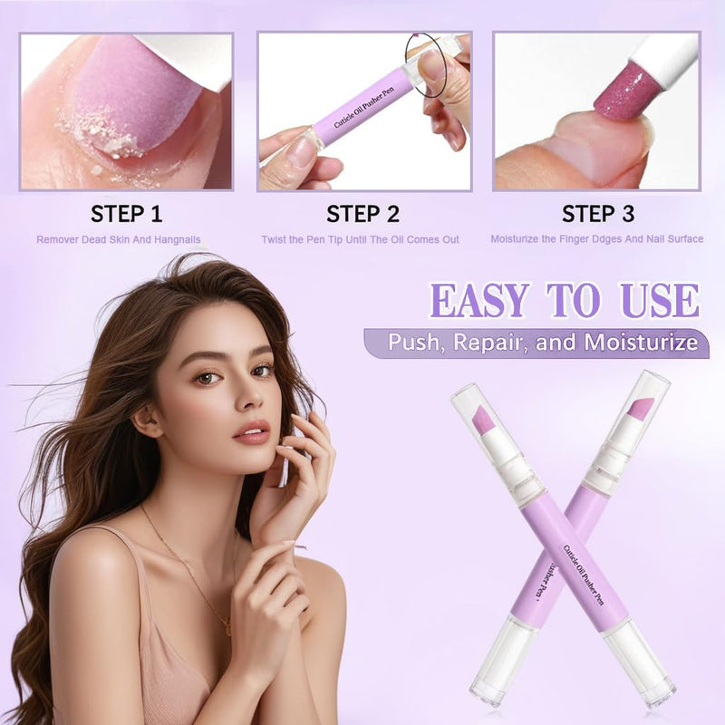 4-in-1 Cuticle Oil Pusher Pen, 2026 New Cuticle Pusher Oil Pen Nail Cuticle Pen Applicator, Cuticles Remover Pens for Dry Damaged Nails, Hangnails, Moisturize Strengthen Brighten (1 Pink+1 Purple) 1 Pink+1 Purple