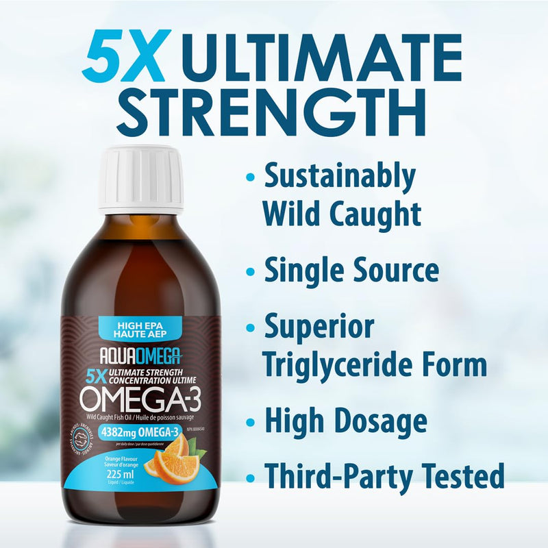 5X Ultimate Strength Liquid Fish Oil Supplements, Wild Caught Omega 3 Fish Oil Liquid, High EPA & DHA Omega3 Fatty Acids, Omega 3 Supplement with Vitamin D, 7.60floz, Orange Flavor 7.6 Fl Oz (Pack of 1)