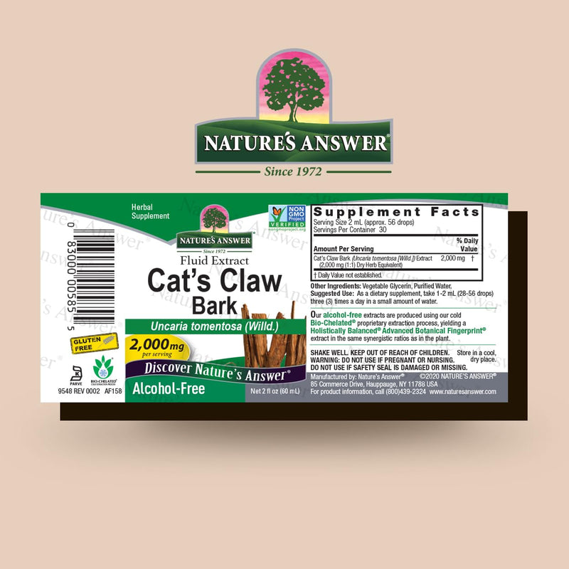 Nature's Answer Cat's Claw Bark Liquid Extract Supplement 2 Ounce - Alcohol Free Cats Claw Tincture & Capsules Alternative for Joint & Muscle Support, Vegan, Non-GMO, Gluten Free, Kosher 2 Fl Oz (Pack of 1) - BeesActive Australia