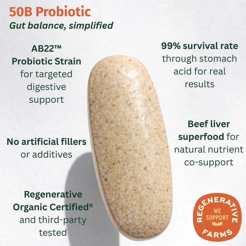 Probiotic 25B CFU – Regenerative Organic Certified Daily Probiotic for Gut, Immune & Emotional Health – Supports Digestion, Bloating Relief & Gut Balance – 30 Tablets 30 Count (Pack of 1)
