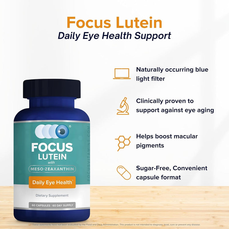Focus Lutein Eye Vitamin with Meso-Zeaxanthin for Vision Support, 120 Count | Daily eye supplement to support eye aging, fatigue and reduce blue light strain, sugar-free, made in USA, 120-day supply 60 Count (Pack of 2)