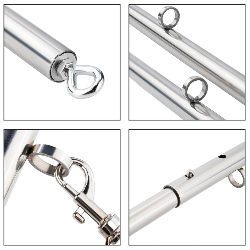 3 in 1 Heavy Duty Stainless Steel Expandable Spreader Bar with 4pcs PU Rose-Gold Adjustable Straps,Workout Bar for Home Gym Training Bar,Portable Detachable Pilates Kit Silver+Silver PU Kit