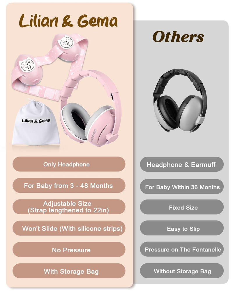 Lilian&Gema 2-in-1 Baby Ear Muffs Noise Protection, Adjustable Headphones with Band, Owls Noise Cancelling Headphones for Babies & Toddler up to 4 Years, Baby Airplane Essentials/Outdoor, Pink