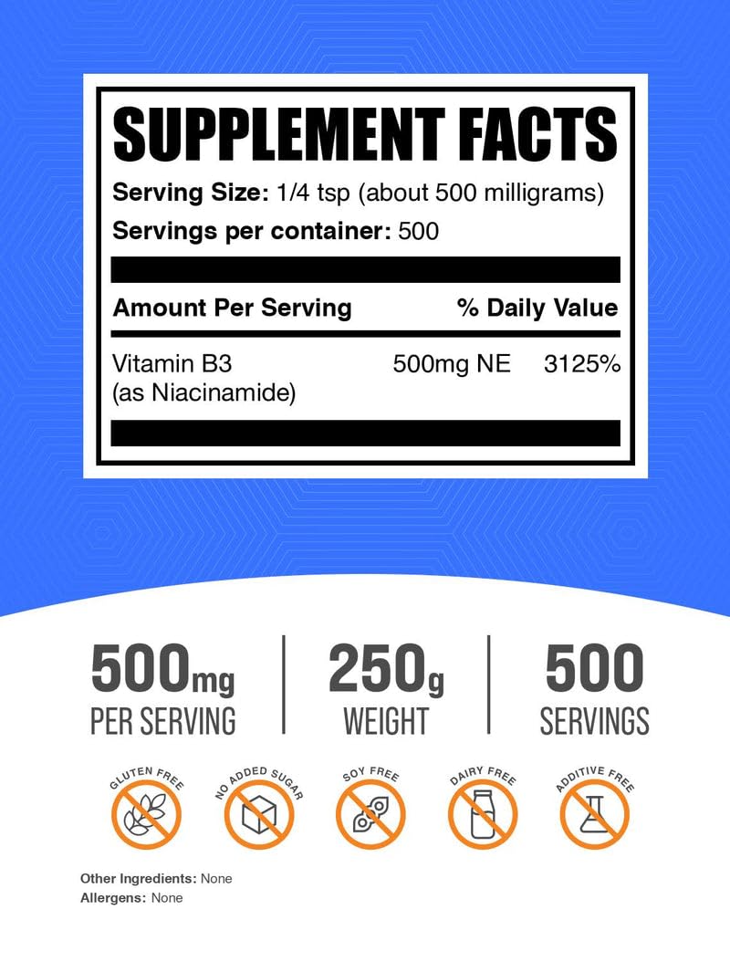 BulkSupplements.com Niacinamide Powder - Vitamin B3 Powder, Niacinamide Supplement, Niacinamide 500mg - B3 Vitamins for Skin, Gluten Free, 500mg per Serving, 250g (8.8 oz) (Pack of 1) 8.8 Ounce (Pack of 1)