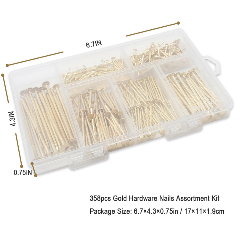 6 Sizes Gold Hardware Nails Assortment Kit, 358pcs, Brass Plated, Nails for Hanging Pictures, Finishing Nails, Wood Nails, Wall Nails for Hanging (3”, 2”, 1-1/2”, 1-1/4", 1”, 3/4") 358 - BeesActive Australia