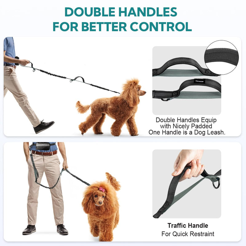 Hands Free Dog Leash, Double Dog Leash with Waist Bag, Double Padded Handles, Dog Walking Running Accessory, (Large, 26-120 lbs) Black/Gary Large 2 Leashes