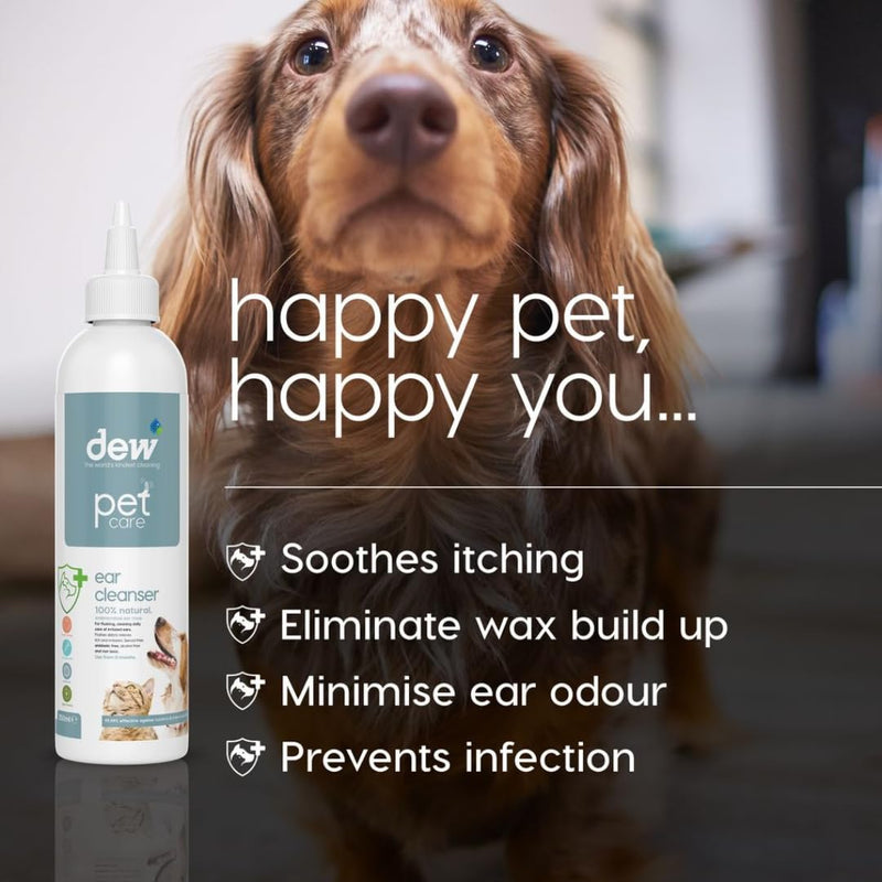 Dew Pet Ear Care 250ml: 100% Natural Dog Ear Cleaner Solution | Antibacterial Drops for Treatment of Dogs & Cat Ear Itching, Wax, Odour & Dirt | Fast Acting Aural Wash Prevents Infection 250 ml (Pack of 1)