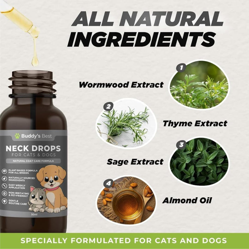 Wormwood Neck Drops for Cats & Dogs – Natural Coat Care Formula | Digestive Intestinal Support Supplement Drops | Plant-Based Topical Solution | Easy Application | Suitable for All Breeds – 50ml Pack of 1