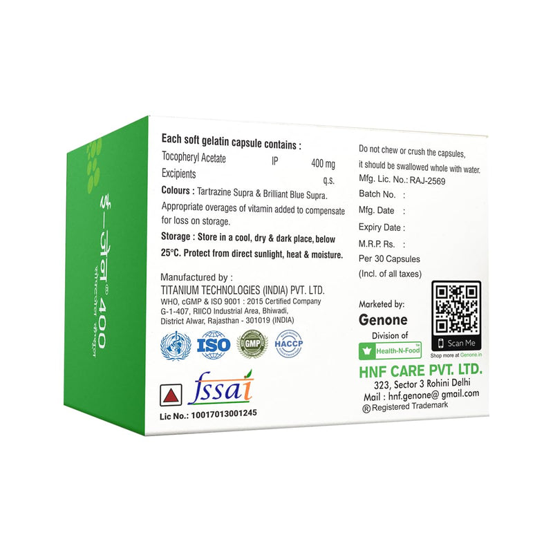 genone E-Gen 400 Vitamin E Capsule for Glowing Face, Skin and Hair Nutrition (30 Capsules) - BeesActive Australia