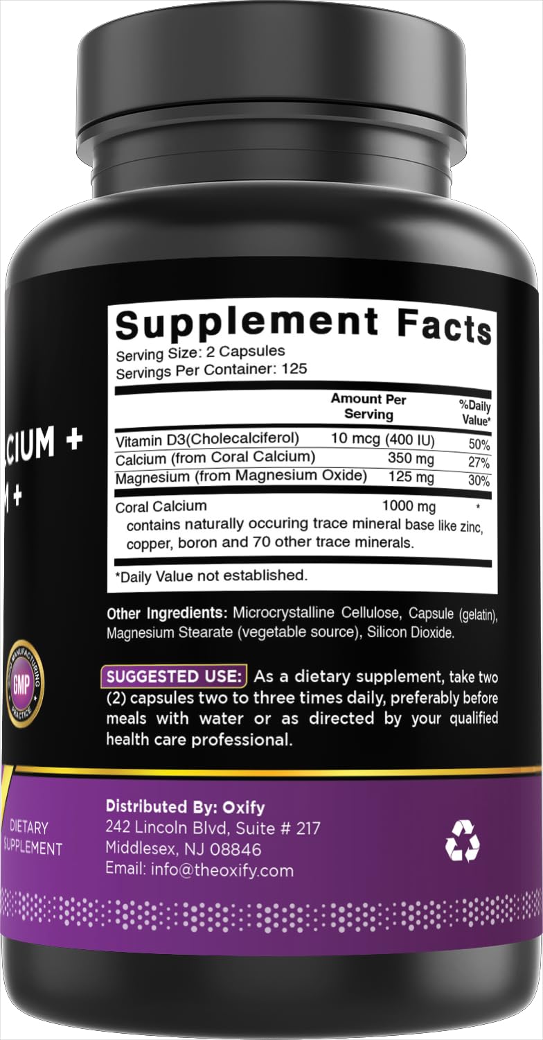 Oxify Coral Calcium + Magnesium + VIT. D3 1000 mg | 250 Capsule | Gluten-Free, Non-GMO | Supplement Made in USA