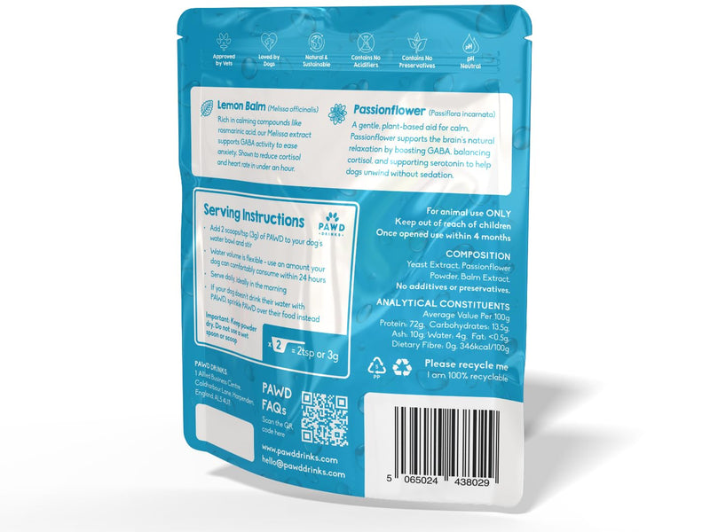PAWD Calming Dog Powder Supplement – Fast-Acting Dog Anxiety Relief for Stress, Fireworks & Travel – Natural Calming Treats & Tablets Alternative, Vet Approved. Mix with Water. Dogs Under 15kg Calming Pouch - Dogs Under 15kg