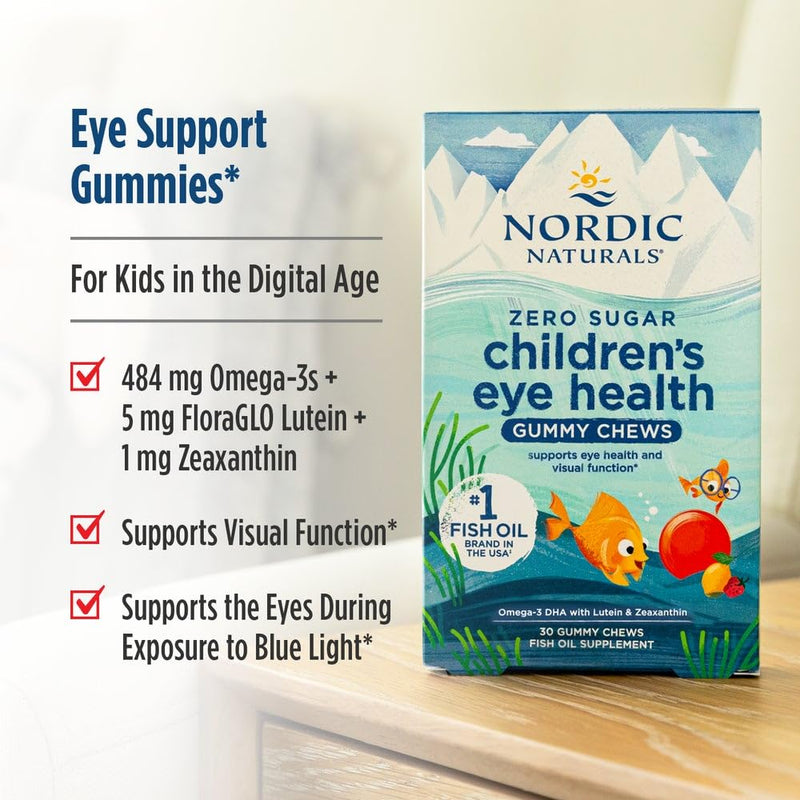 Nordic Naturals Kids Eye Health Gummies w/ 484mg Omega-3 + Lutein, 30 Count | Eye health gummies with 484mg omega-3s, lutein & zeaxanthin. Supports vision & blue light protection. 30 gummies, 30 servings