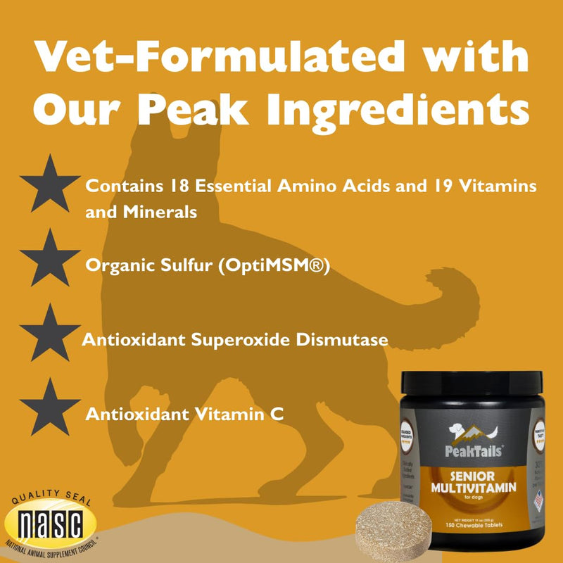 Senior Multivitamin for Dogs – 150 Tablets with MSM, Superoxide Dismutase, Vitamin C & 19 Essential Nutrients – Supports Joint Health & Overall Wellness 150 Count