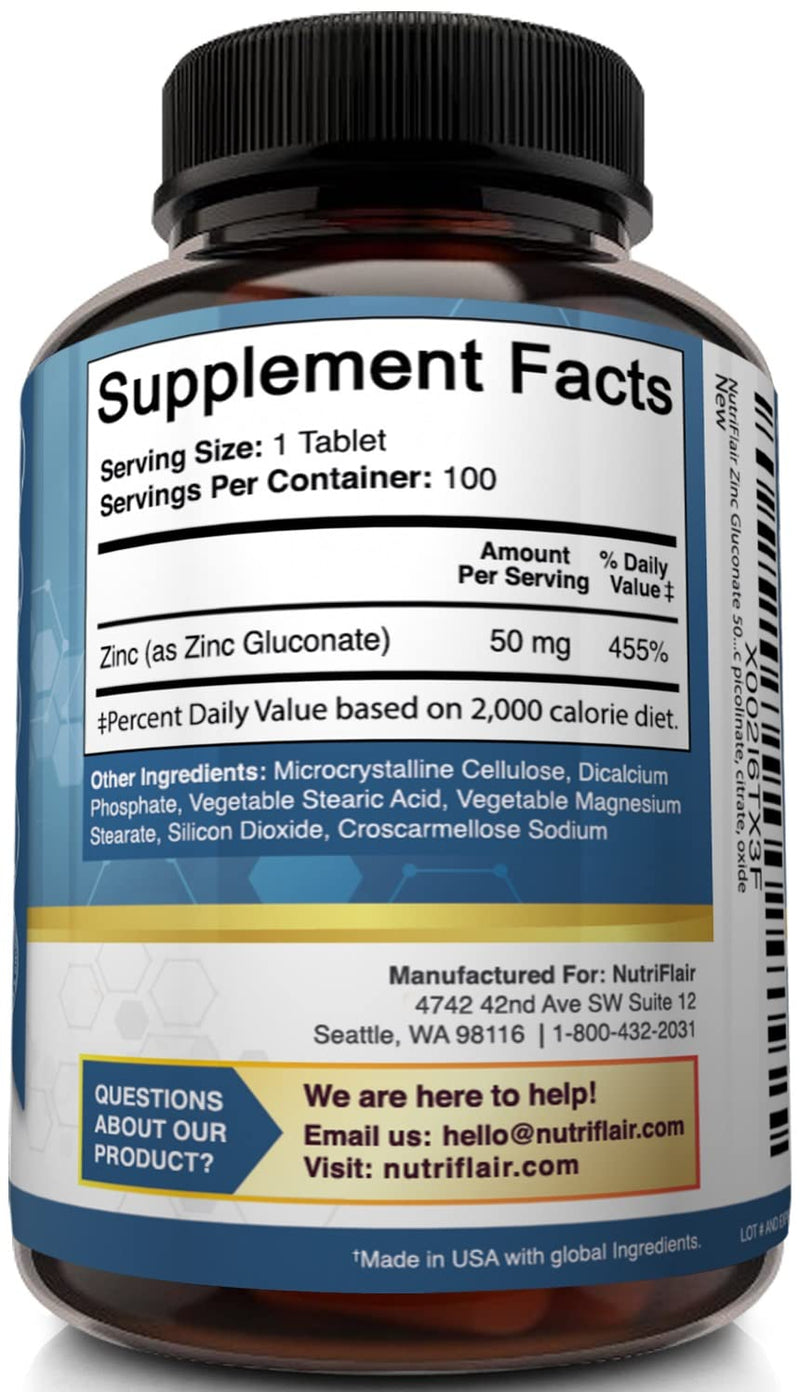 NutriFlair Zinc Gluconate 50mg, 100 Tablets - High Potency Immune System Booster Supplement Pills, Immunity Defense, Powerful Natural Antioxidant, Non-GMO, Compare with zinc picolinate, citrate, oxide