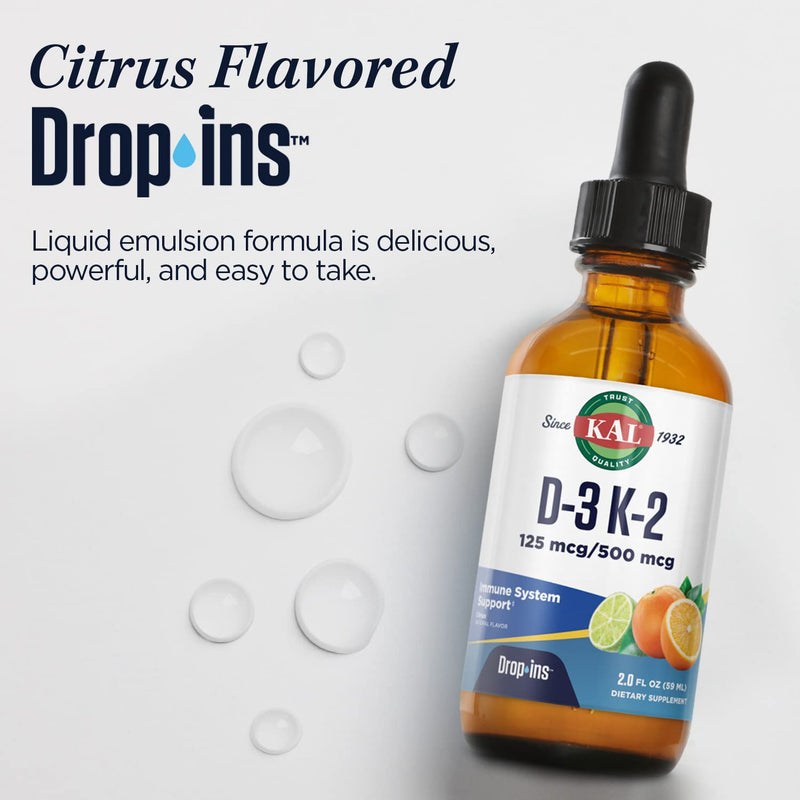 KAL D3 K2 DropIns 125/500 mcg, Natural Citrus Flavor, 2 fl oz | Bone, Teeth, Heart & Immune Support - Liquid Vitamin D3 & K2 - Approximately 59 Servings - Lab Verified