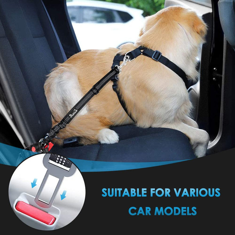 SlowTon Dog Seat Belt for Car, 2 Pack Dog Car Harness Seatbelt Adjustable with Elastic Bungee Buffer, 2 in 1 Pet Car Leash Headrest Restraint Dog Reflective Safety Tether (Black, Headrest+Clip) A.Black Headrest + Clip (Dual Restraint) - BeesActive Australia