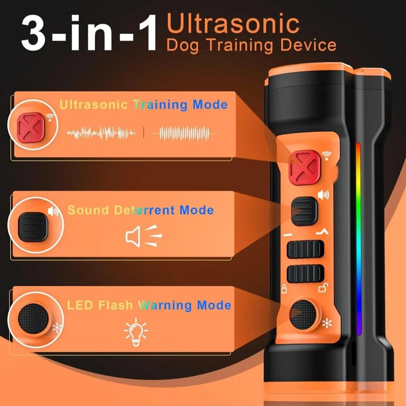 TFS-PRO Ultrasonic Dog Bark Deterrent Device, 3-in-1 Dog Training Tool with Adjustable Frequency 20-30kHz, 55ft Range, LED Flash & Sound Mode, Handheld Anti Bark Trainer for Small Medium Large Dogs