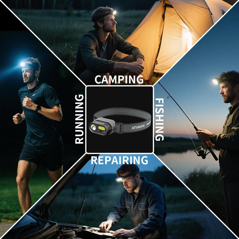 ATuMan Camping Headlamp, Ultra-Light LED Rechargeable Headlight with White Red Light, Camping Accessories Gear, Motion Sensor Waterproof Head Lamp, 8 Modes for Outdoor Running, Hiking, Fishing - BeesActive Australia