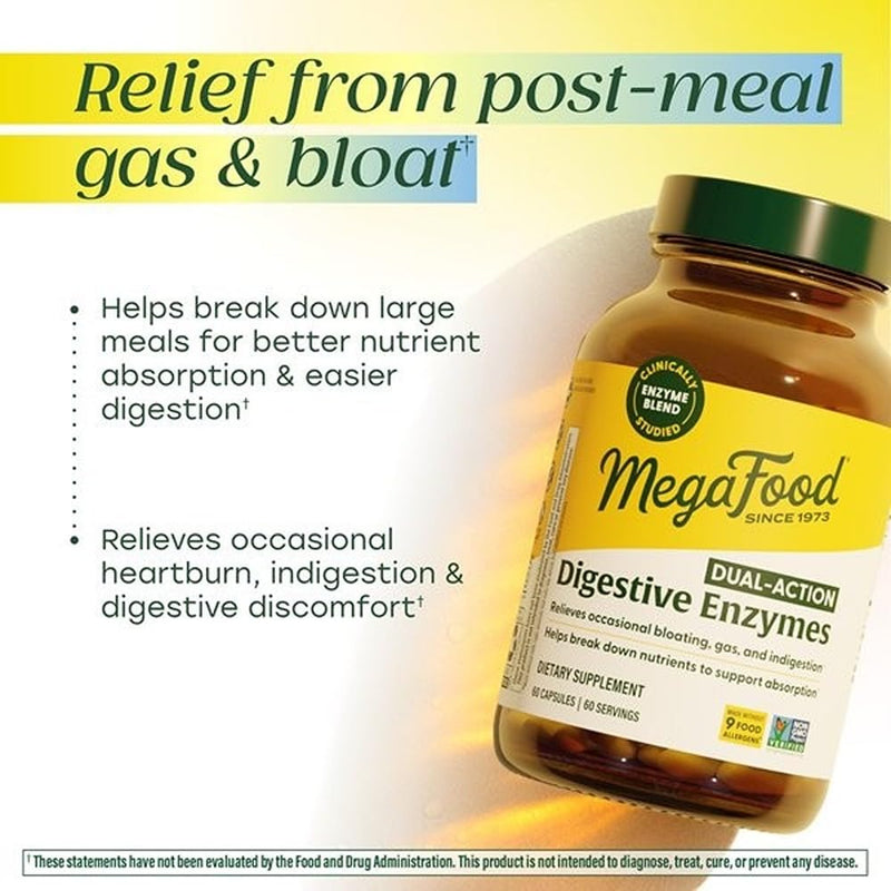 MegaFood Dual-Action Digestive Enzymes for Women & Men, 60 Capsules | Gas and Bloating Relief for Women and Men, Supports Nutrient Absorption and Digestive Health, Vegan, Gluten-Free, 60 Servings