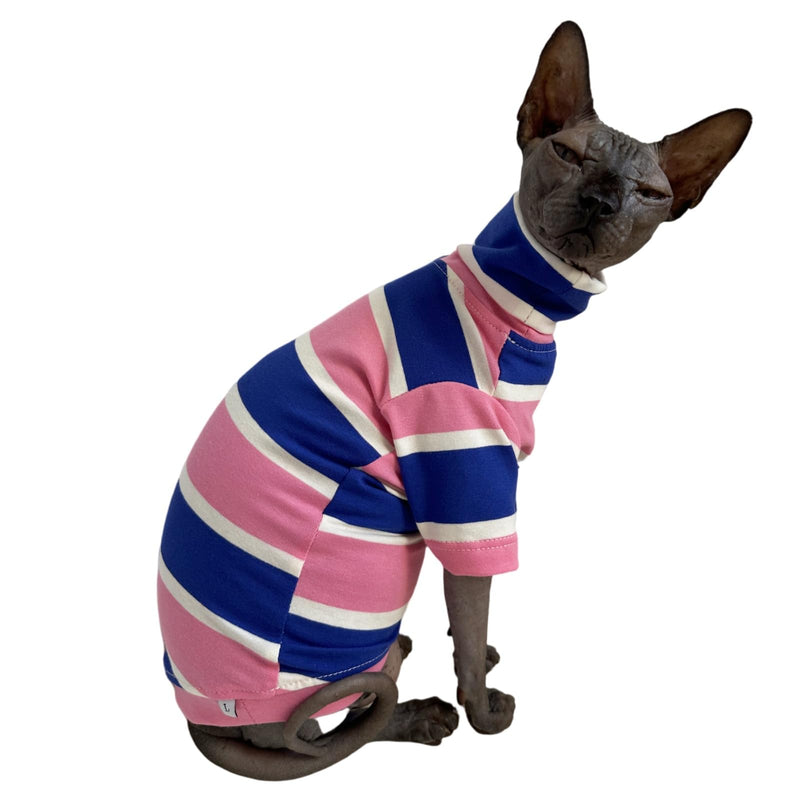 Vintage Stripes Sphynx Hairless Cats Shirt Cotton Cat Turtleneck Pet Clothes Kitten T-Shirts with Sleeves for Sphynx Cats (Wide Pink Blue Stripe, Large) Wide Pink Blue Stripe - BeesActive Australia
