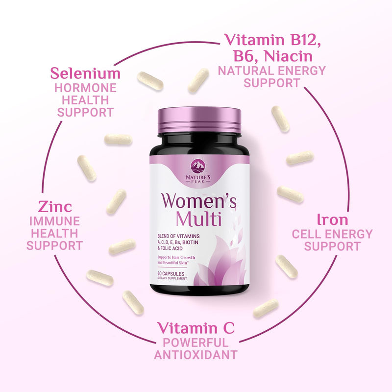 Multivitamin for Women - Once Daily Vitamins for Woman with Biotin, Calcium, Folate, Vitamin A, C, D, E, B Vitamins & Iron - Complete Multi Vitamins for Bone, Energy & Immune Support - 60 Capsules 60 Count (Pack of 1)