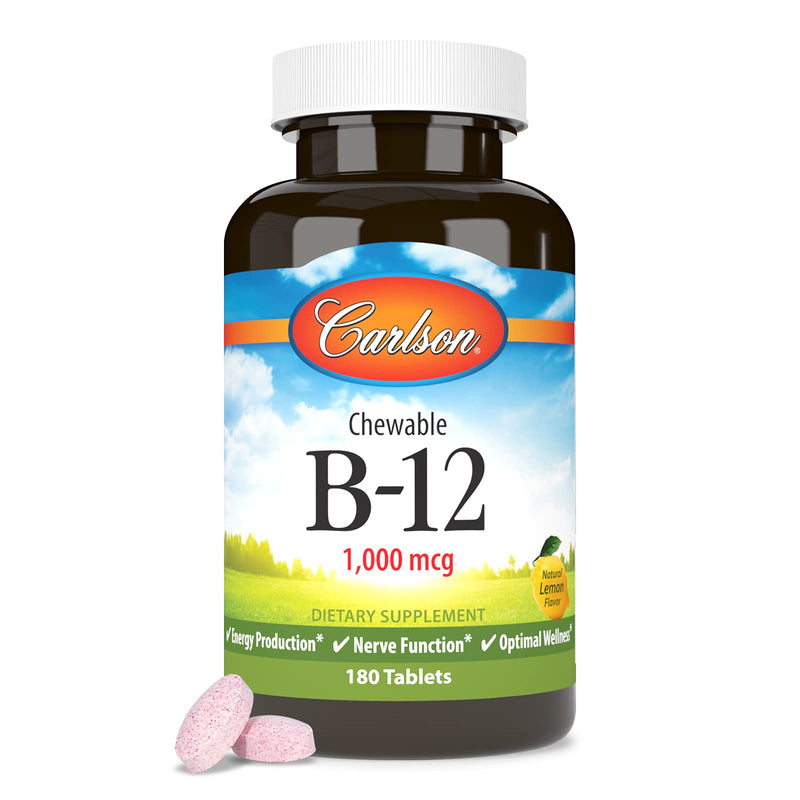 Carlson Chewable B-12, 1000 mcg, Vitamin B12, Lemon, 180 Chewable Tablets | Energy Production; Optimal Wellness 180 Count (Pack of 1)
