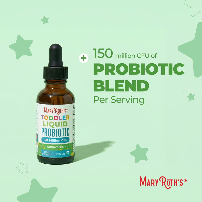 MaryRuth's Organic Toddler Probiotic Liquid Drops, Sugar Free, Ages 1-3 | 5 Probiotic Strains, 150 Million CFU Per Serving, USDA Organic, Sugar Free, Vegan
