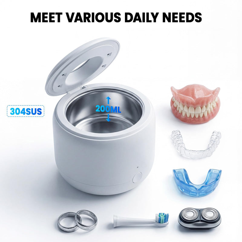 Ultrasonic Retainer Dental Cleaner Machine for Night Guards, Mouth Guards, Dentures, Jewelry, Aligner, Braces, Toothbrush with 2 Digital Timer Modes, 200ML, White