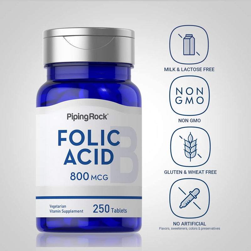 Piping Rock Folic Acid 800 mcg | 250 Tablets | Supplement for Women and Men | Maximum Strength Folate | Vegetarian, Non-GMO, Gluten Free