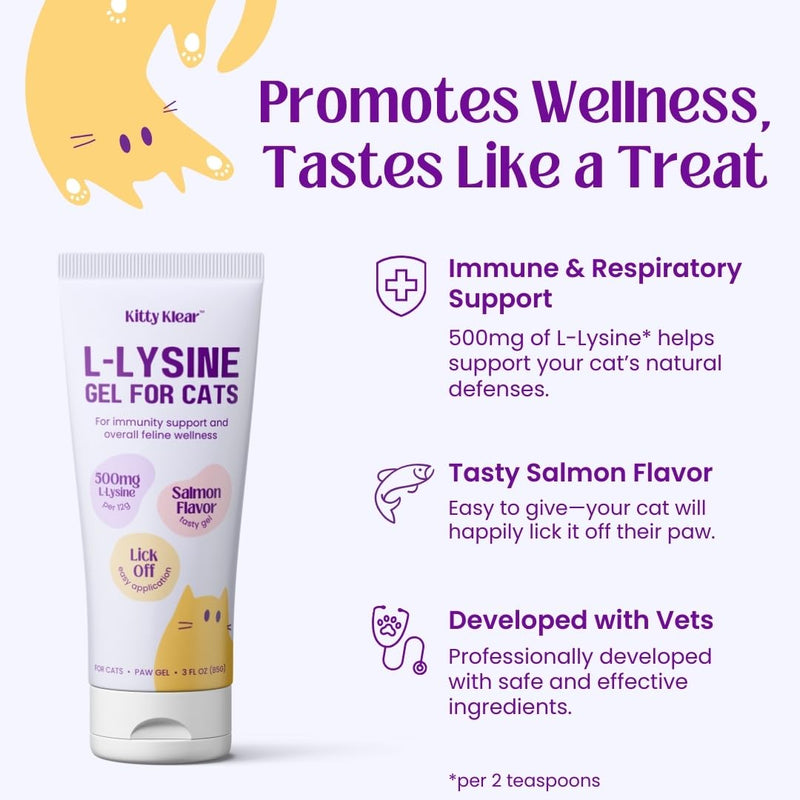 L-Lysine Gel for Cats - 500mg Cat Vitamins Supplement for Immune, Respiratory & Eye Support - Salmon Flavor, Easy Paw Application Gel