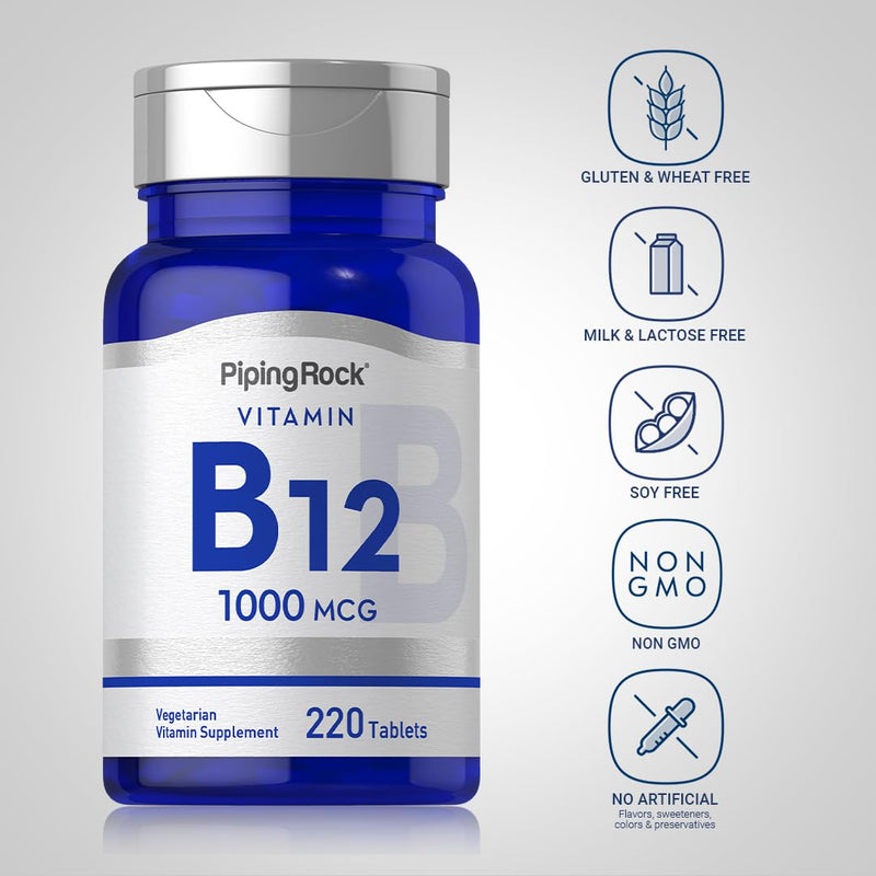 Piping Rock Vitamin B12 1000 mcg | 220 Tablets | as Cyanocobalamin | Vegetarian, Non-GMO, Gluten Free Supplement