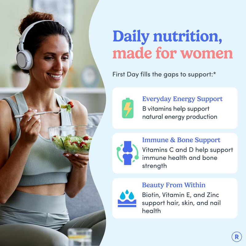 FIRST DAY Women's Multivitamin Gummies with Methylated Folate, 60 Gummies | Vegan daily multivitamin for women with biotin, zinc and organic superfood blend; take 2 gummies daily for everyday nutrition 60 Count (Pack of 1) Womens