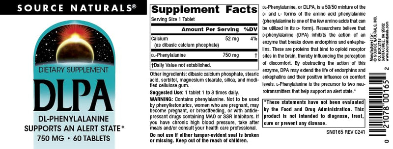 Source Naturals DLPA DL-Phenylalanine* - 750 mg - 60 Tablets 60 Count (Pack of 1)