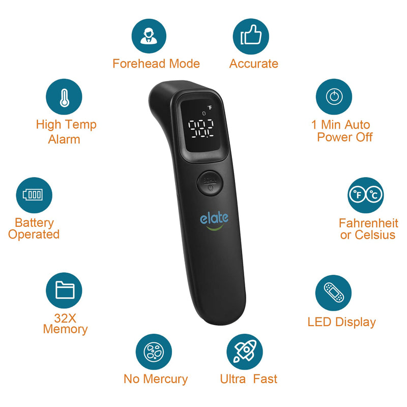 Elate Medical Grade Non-Contact Forehead Thermometer for Adults and Kids, No-Touch Digital Infrared Thermometer for Infants/Newborns, Touchless Temporal Thermometer for Fever, Black - BeesActive Australia