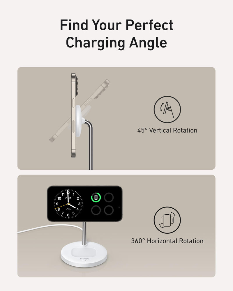 Anker MagSafe Charger Stand Compatible, MagGo 2-in-1 Charging Station, 【Upgraded】 Qi2 Certified 15W Wireless Charger Stand, for iPhone 15/14/13/12, AirPods Pro White - BeesActive Australia