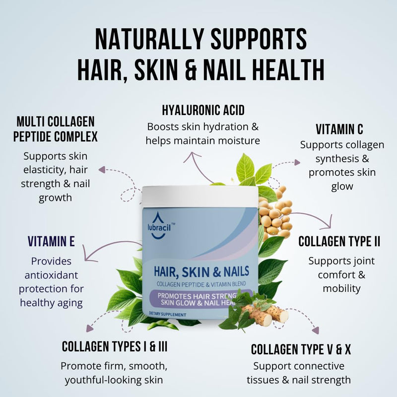 Lubracil Hair, Skin & Nails Vitamin Blend Formula for Women,90 Count-1 Pack | Hair, Skin & Nails collagen blend promotes strong hair, glowing skin, healthy nails, flexibility enhanced formula supplement.