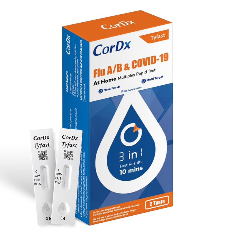 CorDx TyFast at Home Flu A/B & COVID-19 Multiplex Rapid Test Kit, Easy, Accurate, Fast Results in 10 Minutes, 3 in 1 Combo Kit, 2 Tests - BeesActive Australia