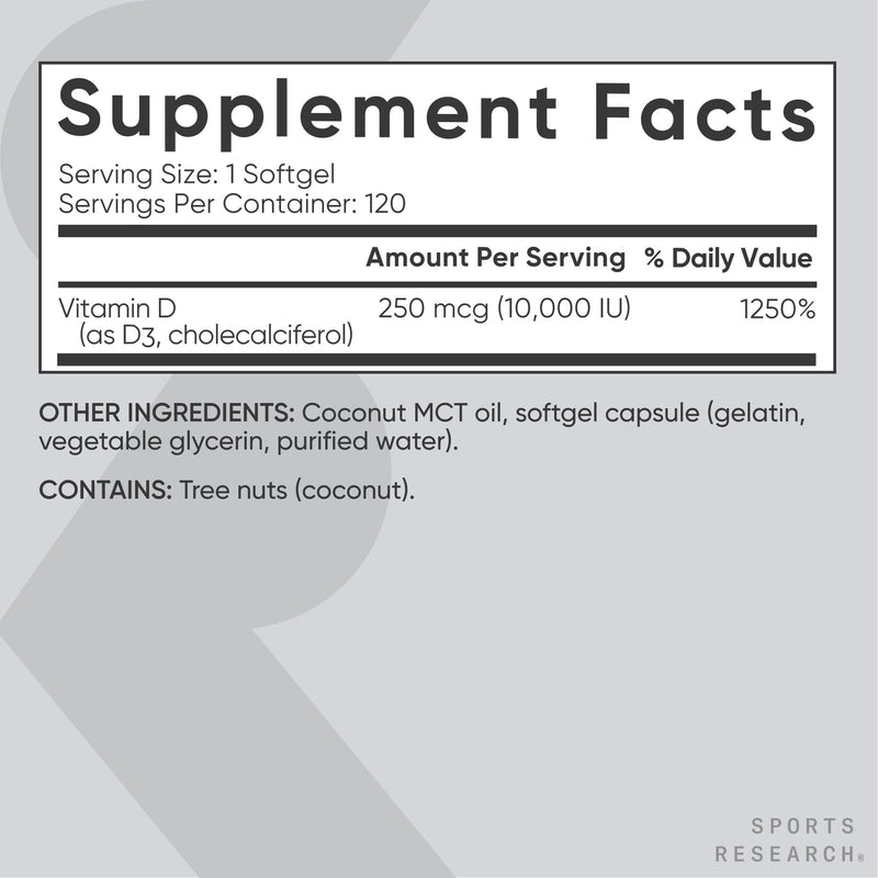 Sports Research® Vitamin D3 10,000iu/250mcg with Coconut Oil, 120 Softgels | Max Strength Vitamin D Supplement | Immune, Bone, Mood Support | Non-GMO, Soy Free - 120 Servings 120 Count (Pack of 1) D3 (10,000 IU)