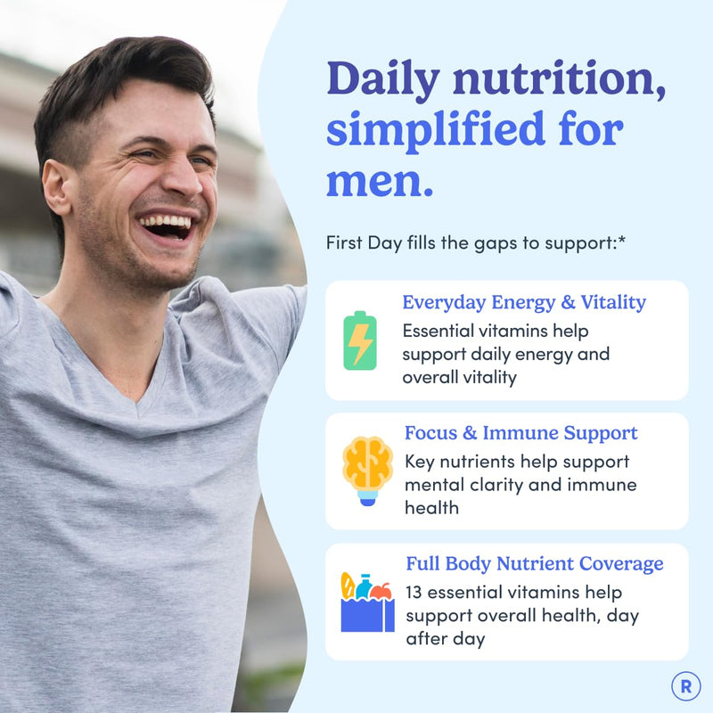 FIRST DAY Men's Multivitamin Gummy with 13 Key Nutrients, 60 Gummies | Vegan gummy vitamins for men with methylfolate, zinc and organic fruit and veggie blend; take 2 daily for a 30-day supply. 1 Count (Pack of 1)