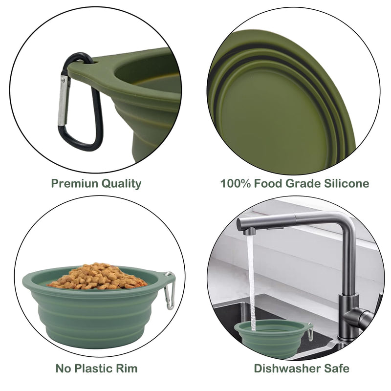 2 Pack Collapsible Dog Travel Bowls (21oz/600ml), 100% Food Grade Silicone Integrated Molding, No Plastic Rim, Portable Pet Feeding Watering Dishes for Outdoors with Clasp, BPA Free Avocado Green+Light Green - BeesActive Australia