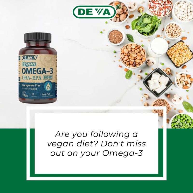 DEVA Vegan Omega-3 DHA-EPA 300MG 2-Pack – No Carrageenan, Non-Fish Oil Derived from Algae, Non-GMO, 90 Gelatin-Free Softgels Ea 90 Count (Pack of 2)