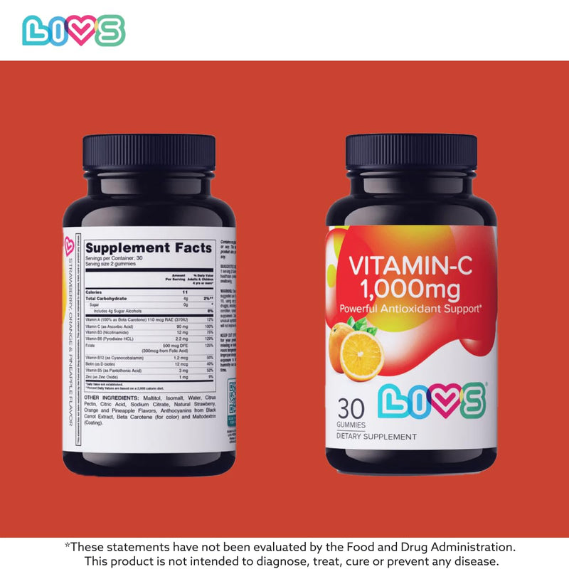 Vitamin C 1000mg Gummies for Kids & Adults |Antioxidant & Immune Support Supplement | Vegan Multivitamin for Hair, Skin & Nails | Non-GMO, Gluten-Free, Gelatin-Free Chewable 1000mg Per Serving 30 Ct 1000MG Vitamin C 30 Count (Pack of 1)
